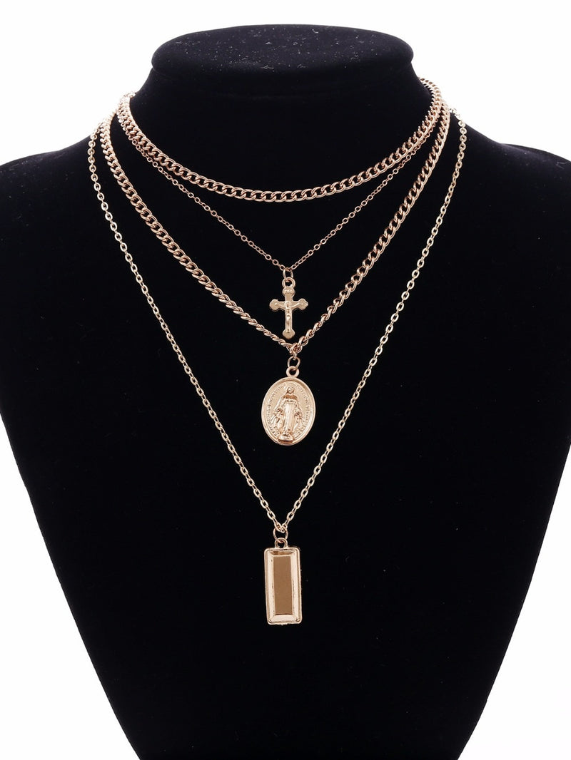 Holy Cross with Blessed Virgin Mary Layered Necklace